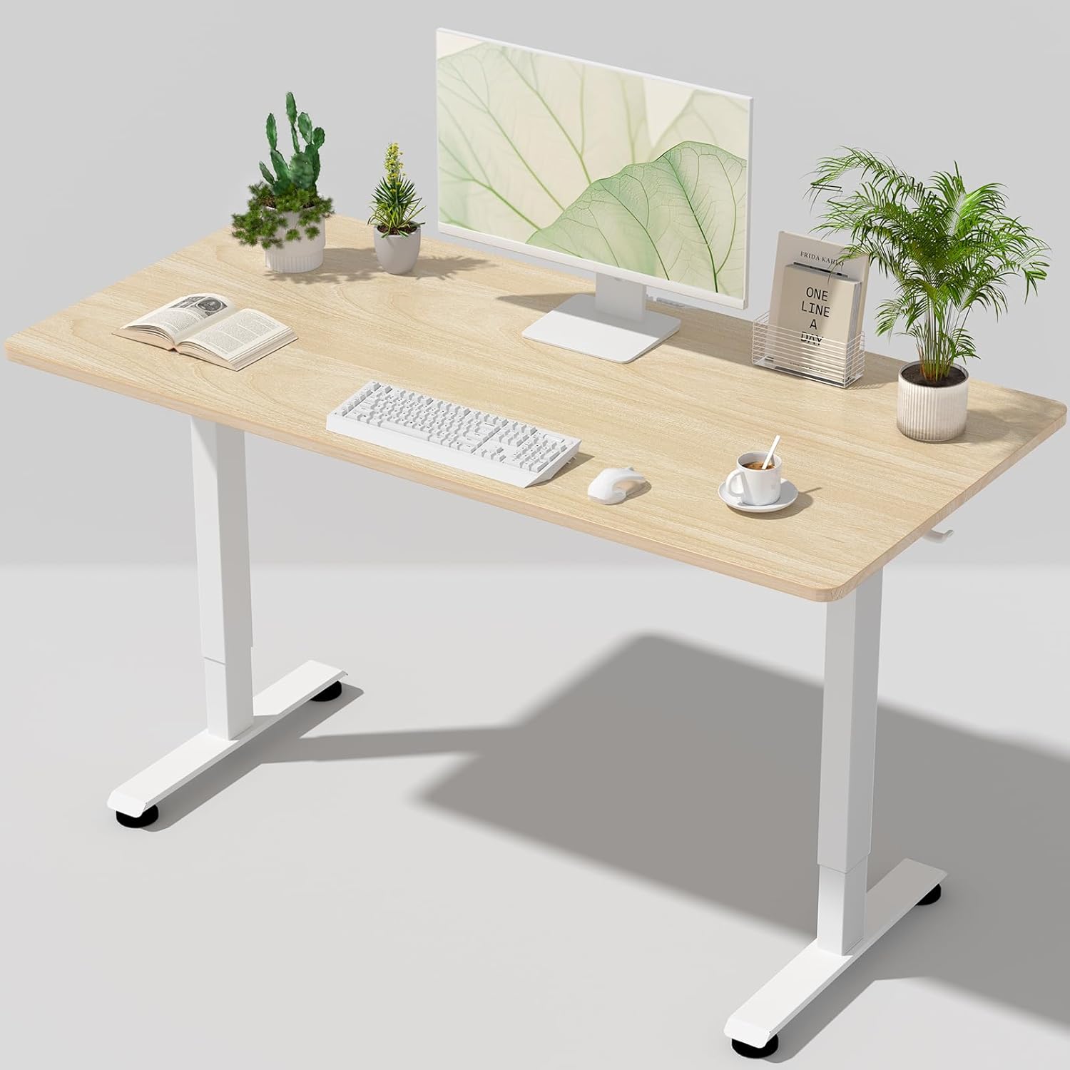 55-inch white electric standing desk with height-adjustable frame and wooden desktop — view 7b