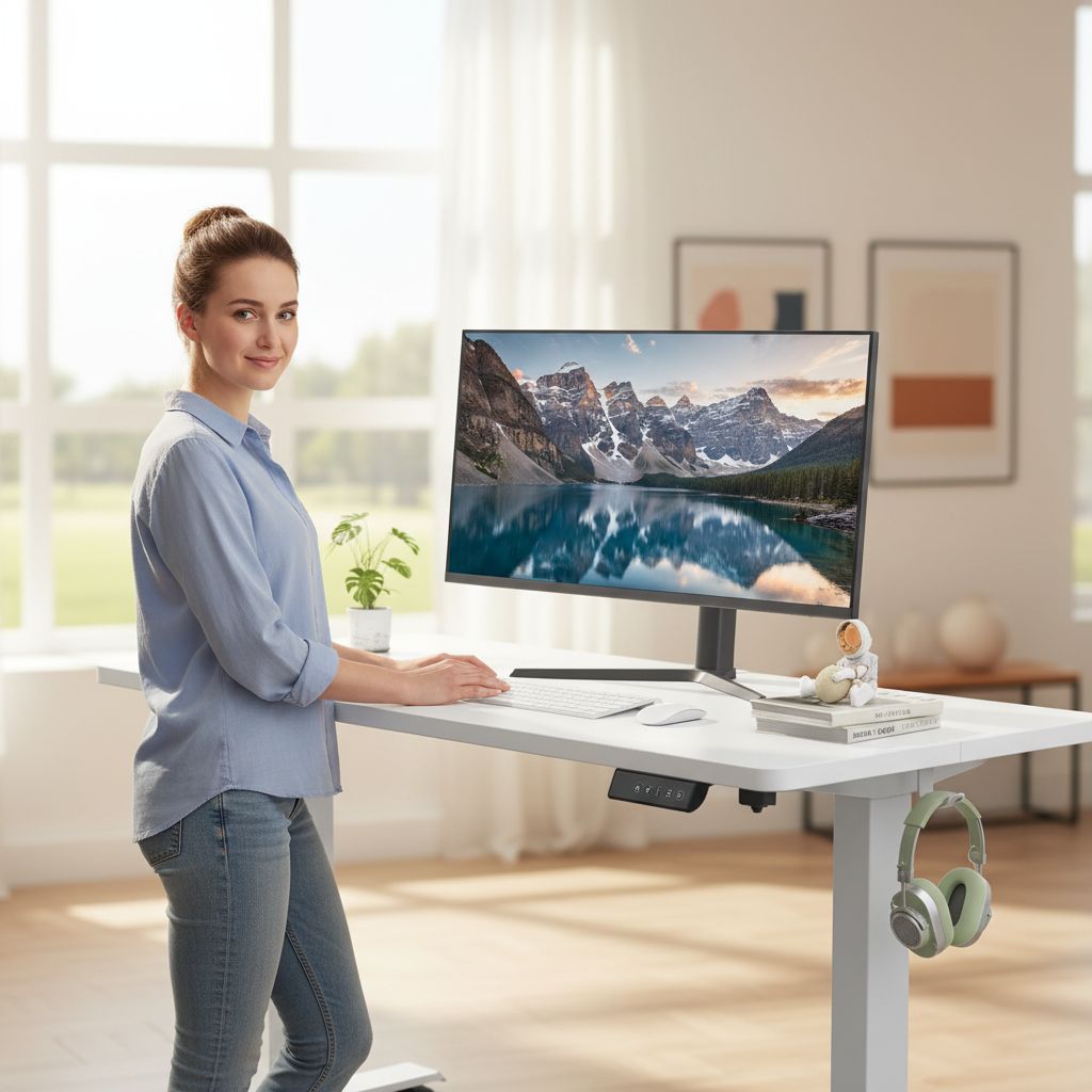55-inch white electric standing desk with height-adjustable frame and wooden desktop — view 1