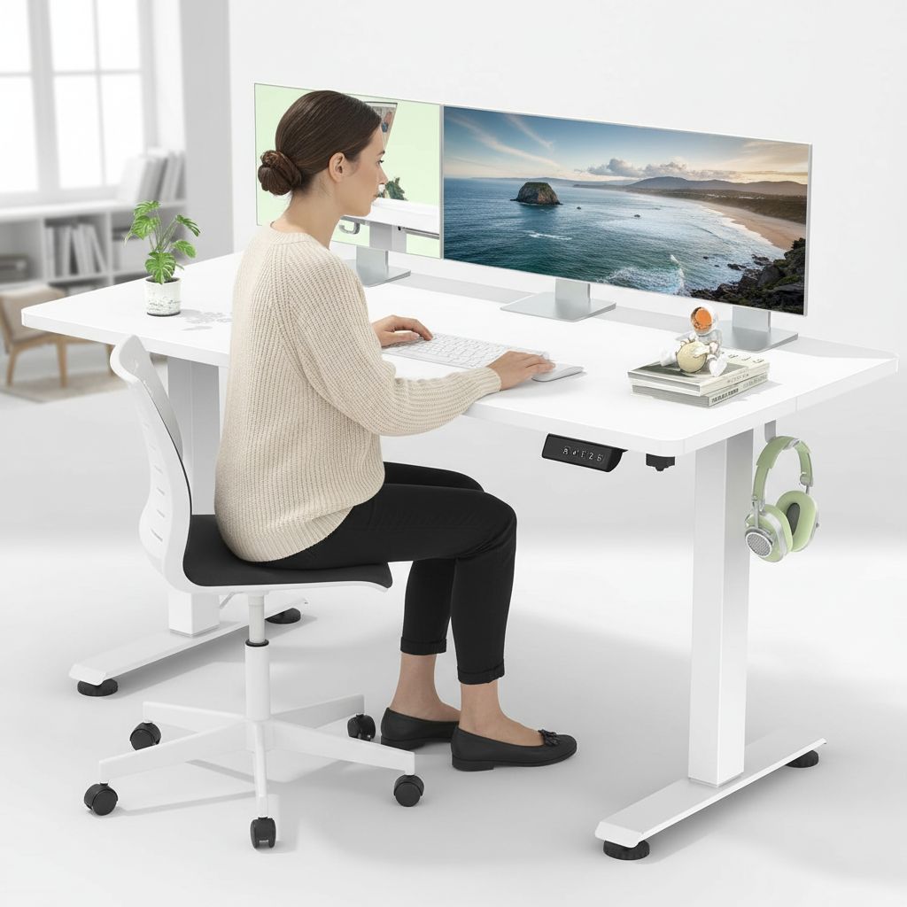55-inch white electric standing desk with height-adjustable frame and wooden desktop — view 2