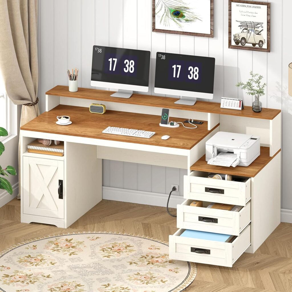 65" Farmhouse Desk with Power Outlets for Home Office