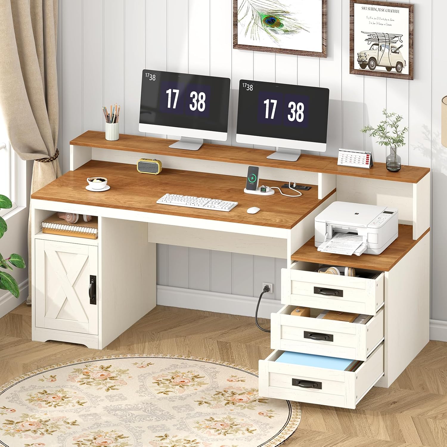 65-inch farmhouse computer desk in brown and white with built-in power outlets, storage drawers, and printer stand — front