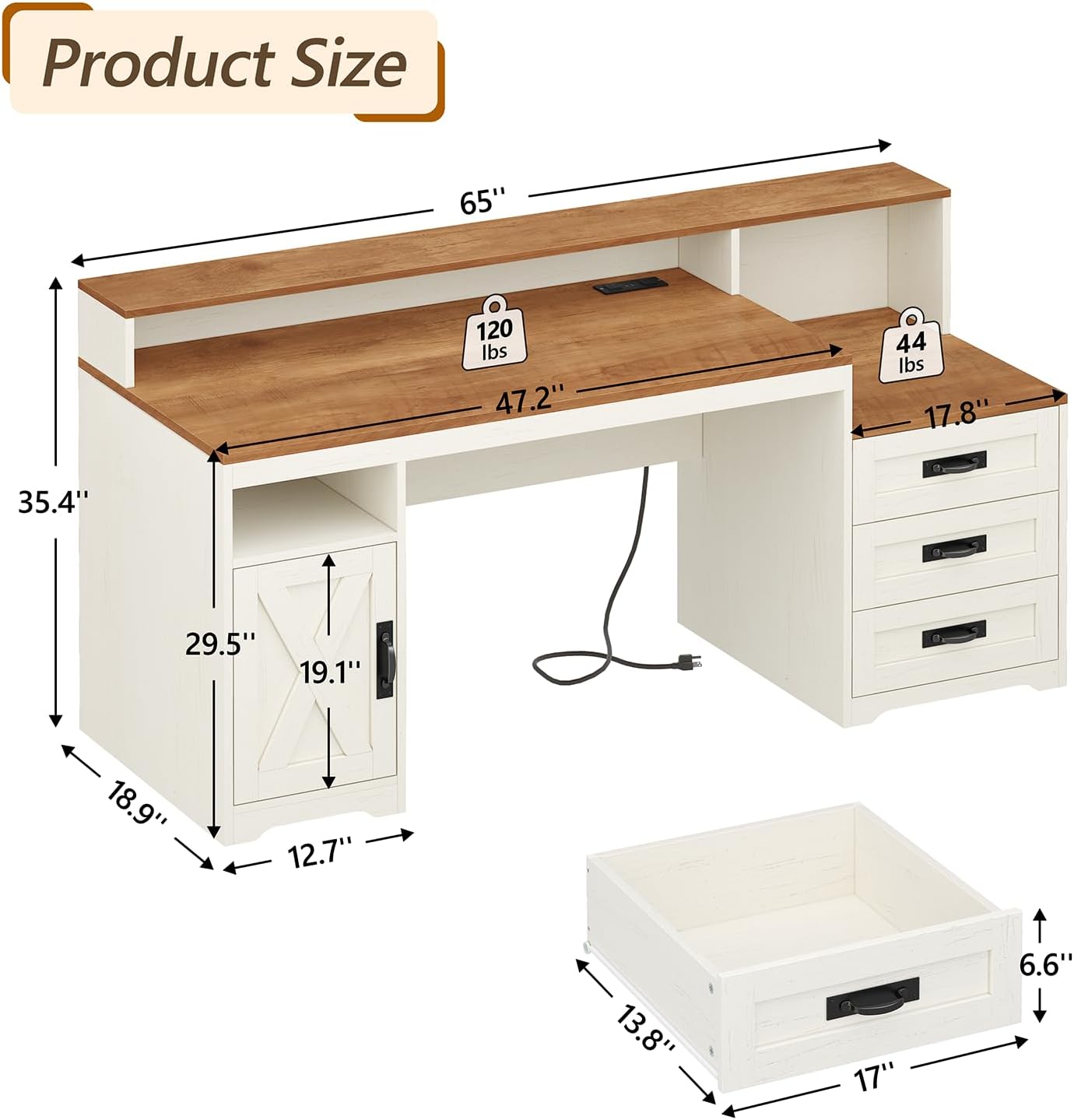 65-inch farmhouse computer desk in brown and white with built-in power outlets, storage drawers, and printer stand — side