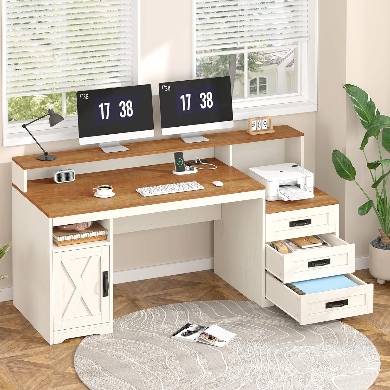 65-inch farmhouse computer desk in brown and white with built-in power outlets, storage drawers, and printer stand — back