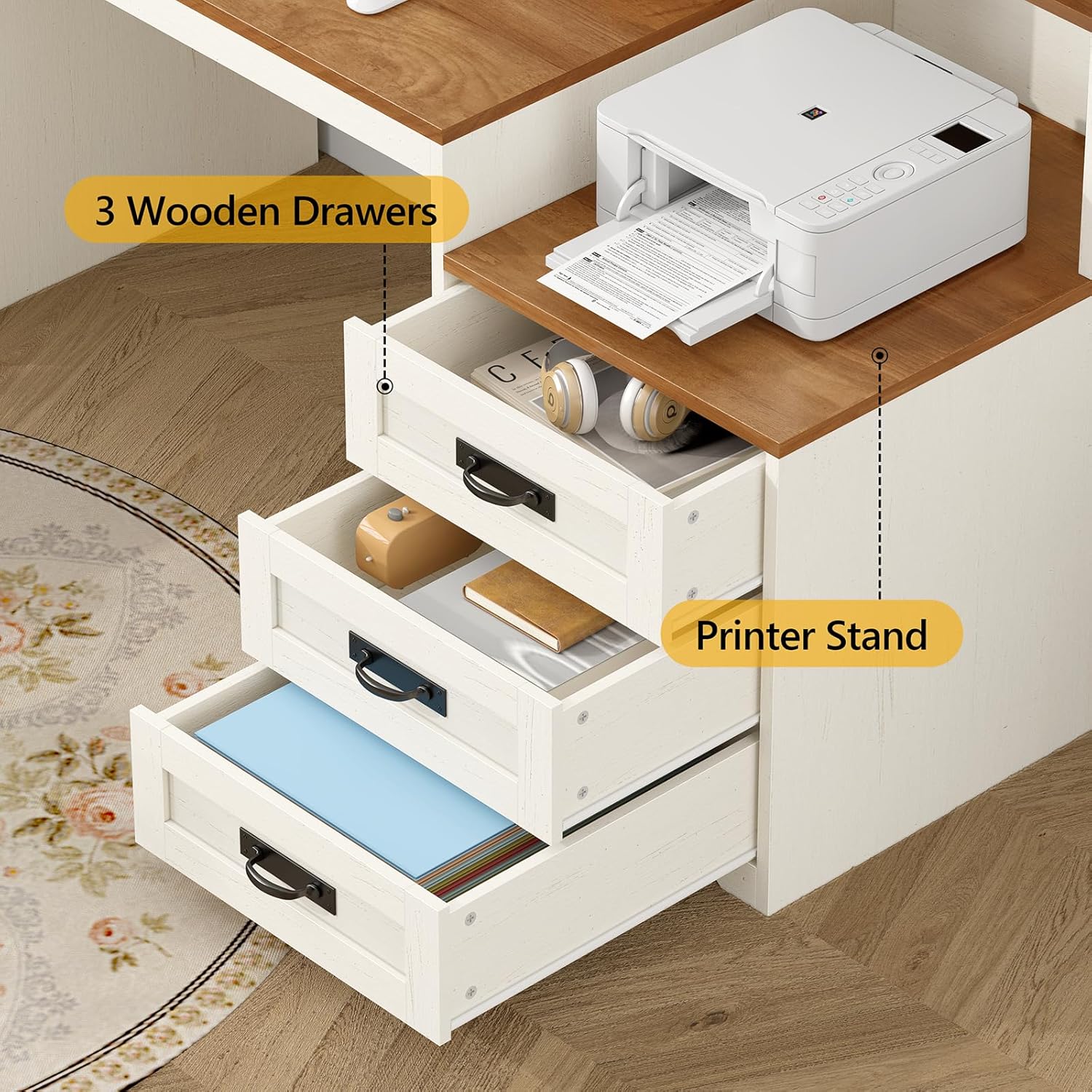 65-inch farmhouse computer desk in brown and white with built-in power outlets, storage drawers, and printer stand — view 2