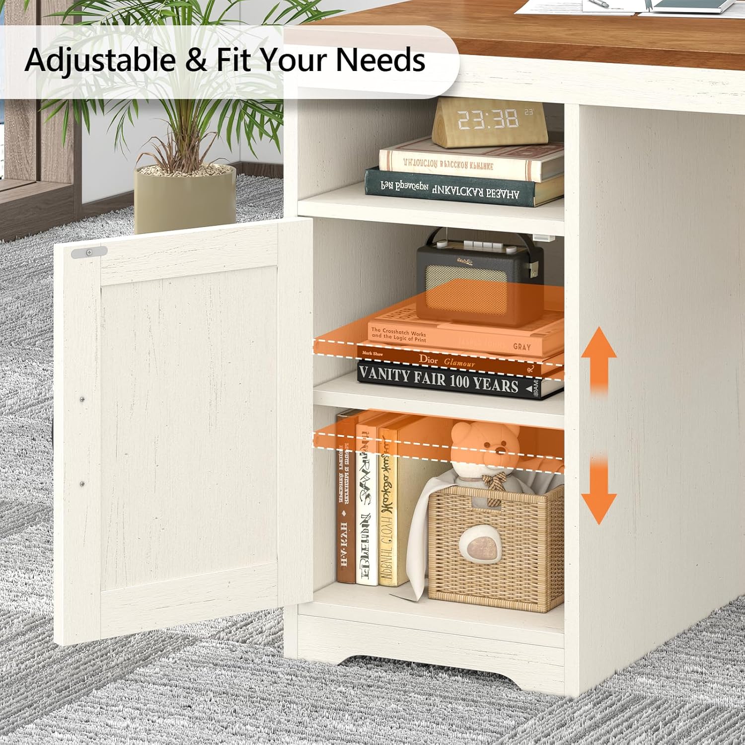 65-inch farmhouse computer desk in brown and white with built-in power outlets, storage drawers, and printer stand — view 3