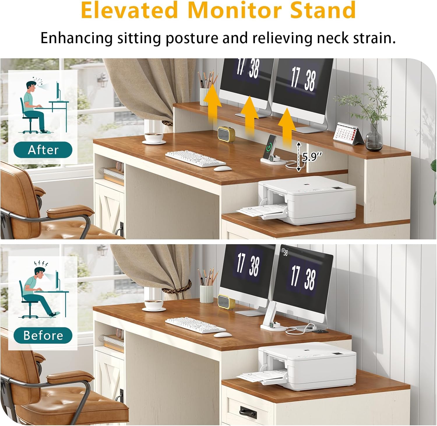 65-inch farmhouse computer desk in brown and white with built-in power outlets, storage drawers, and printer stand — view 4