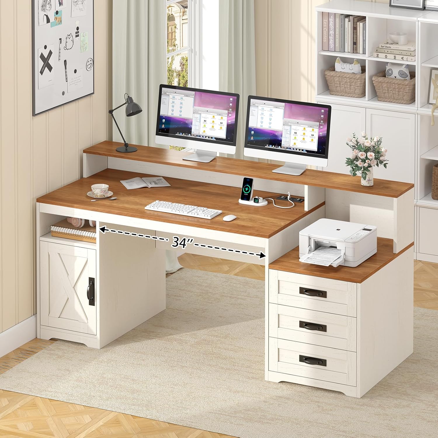 65-inch farmhouse computer desk in brown and white with built-in power outlets, storage drawers, and printer stand — view 5