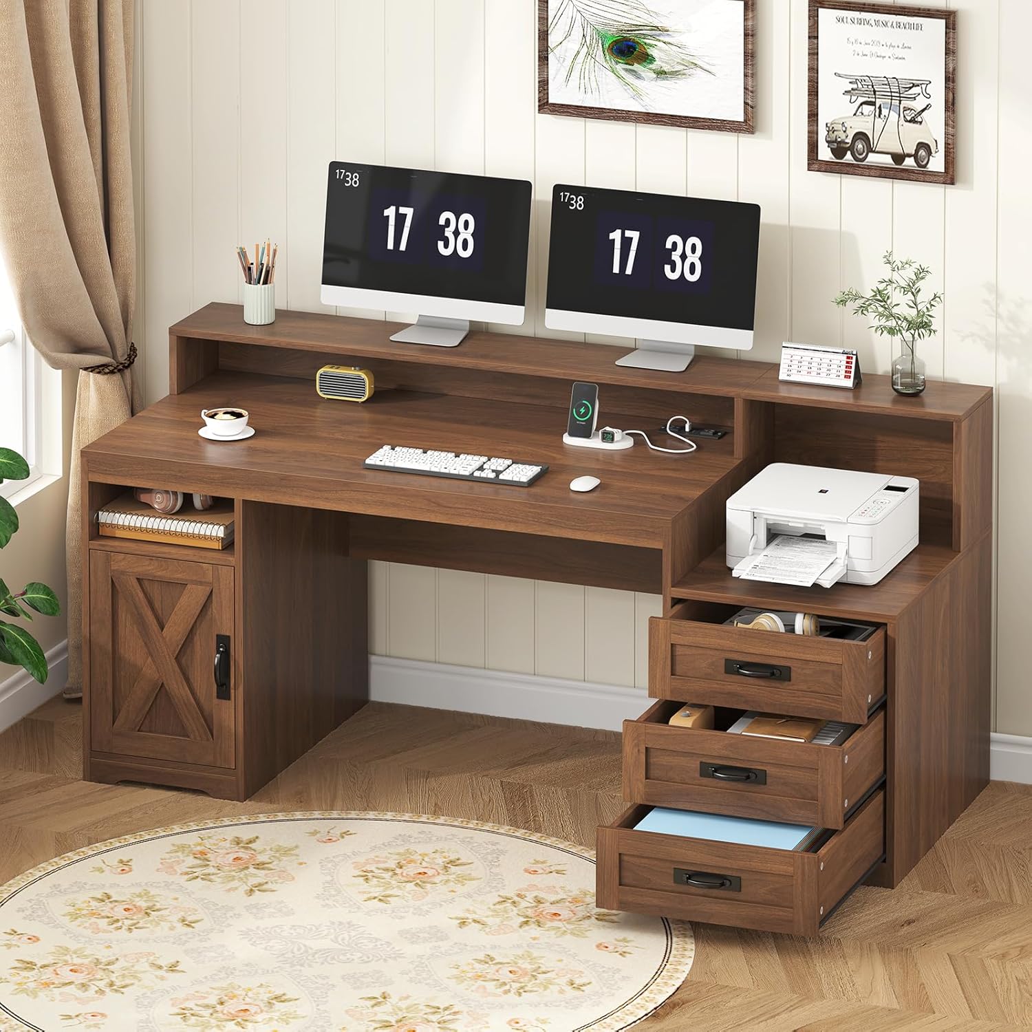 65-inch farmhouse computer desk in brown and white with built-in power outlets, storage drawers, and printer stand — view 5a