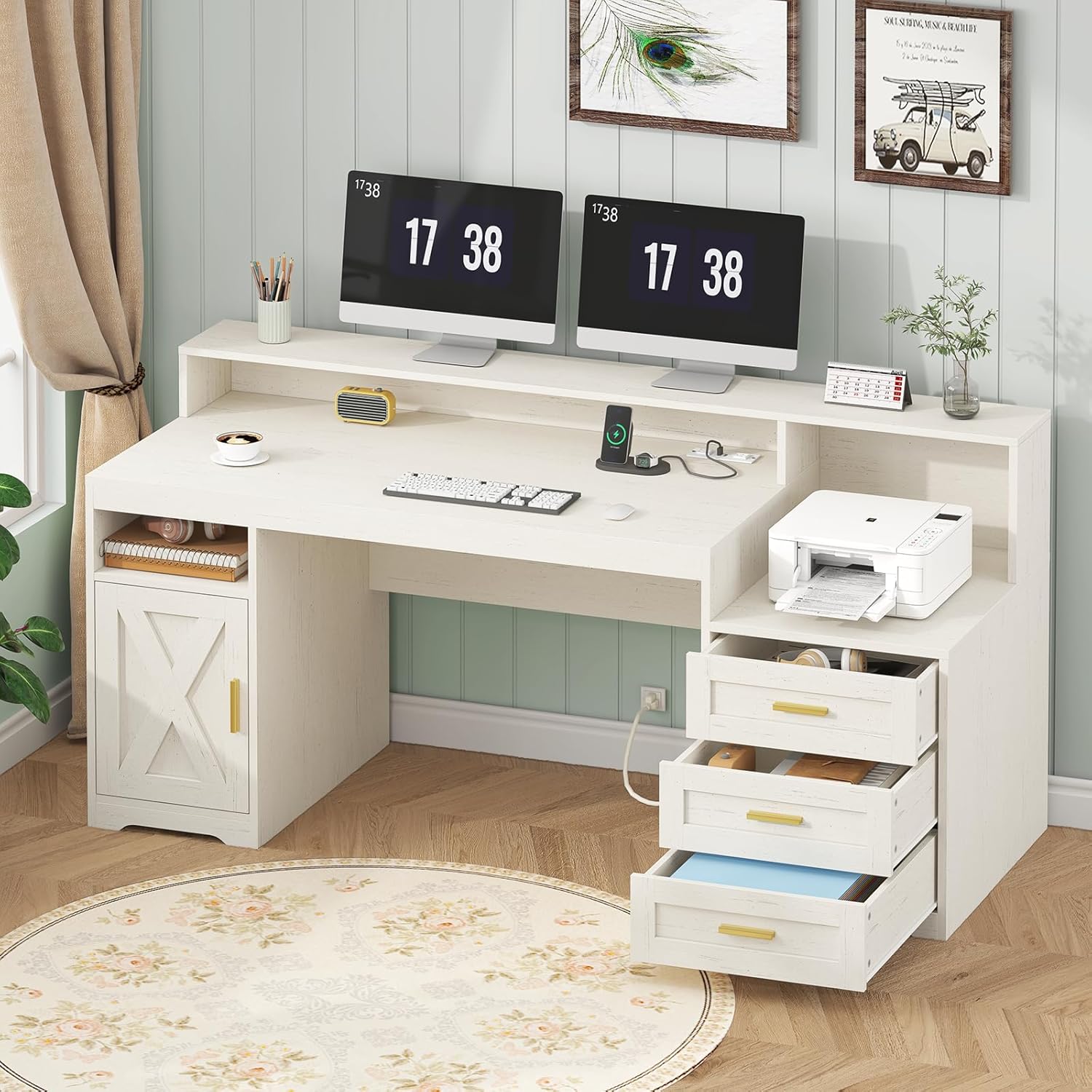 65-inch farmhouse computer desk in brown and white with built-in power outlets, storage drawers, and printer stand — view 5b