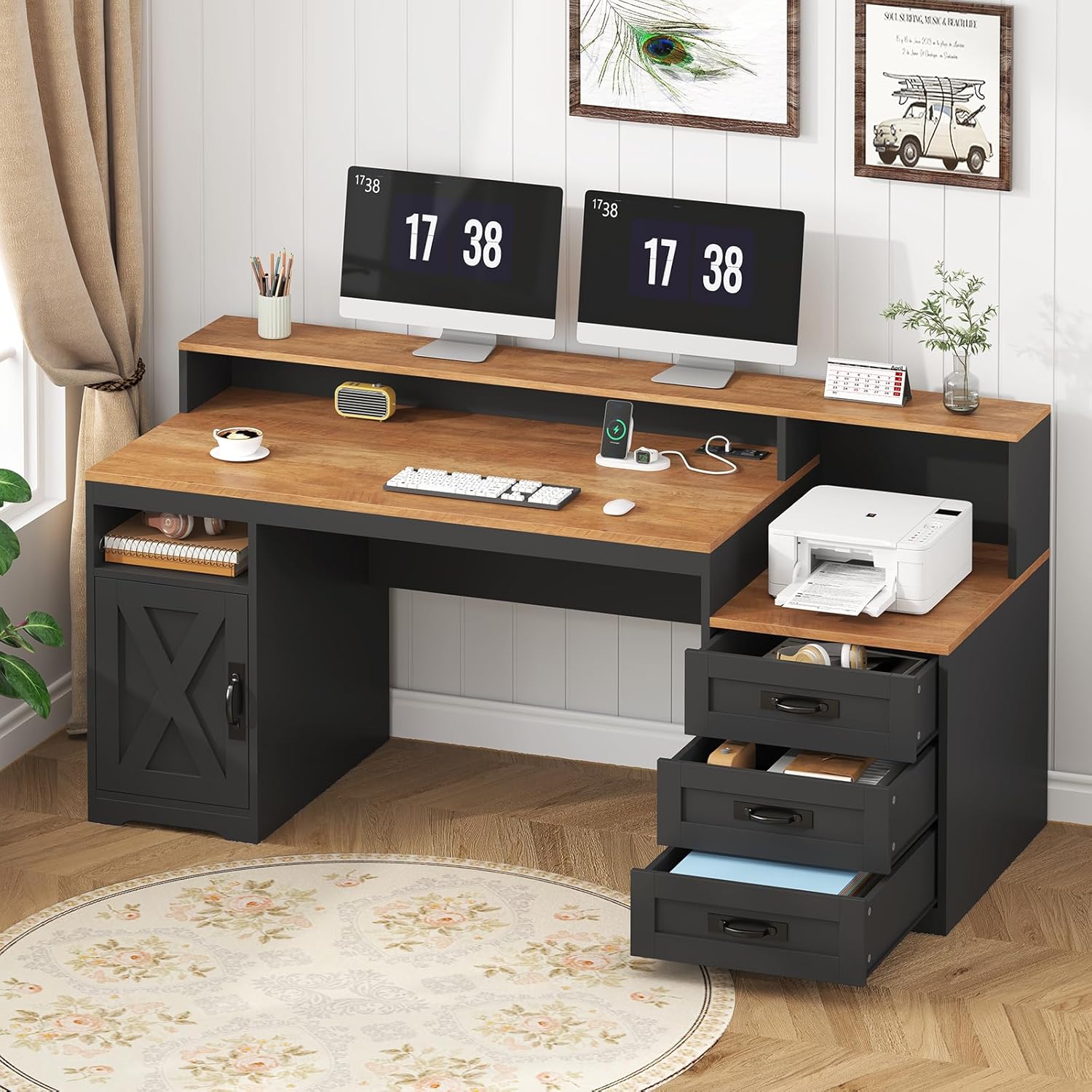 65-inch farmhouse computer desk in brown and white with built-in power outlets, storage drawers, and printer stand — view 6