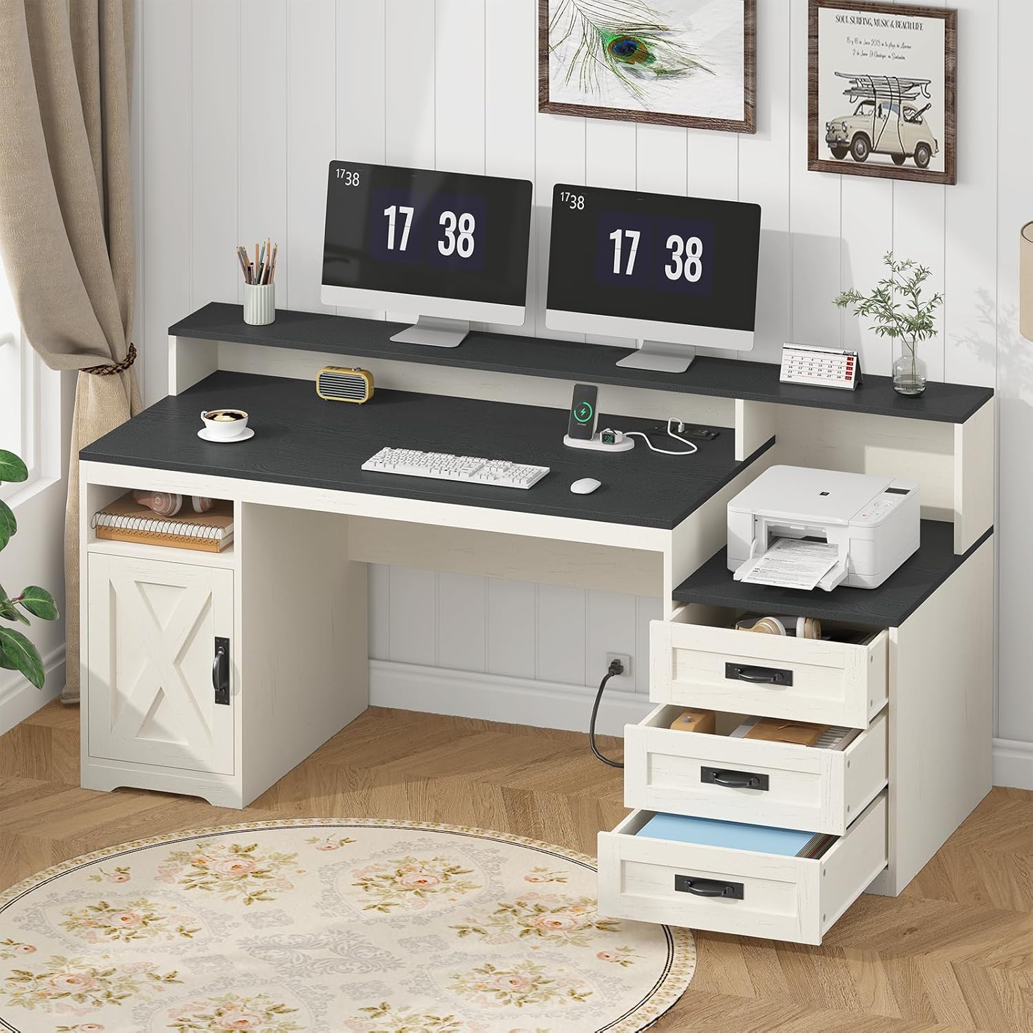 65-inch farmhouse computer desk in brown and white with built-in power outlets, storage drawers, and printer stand — view 7a