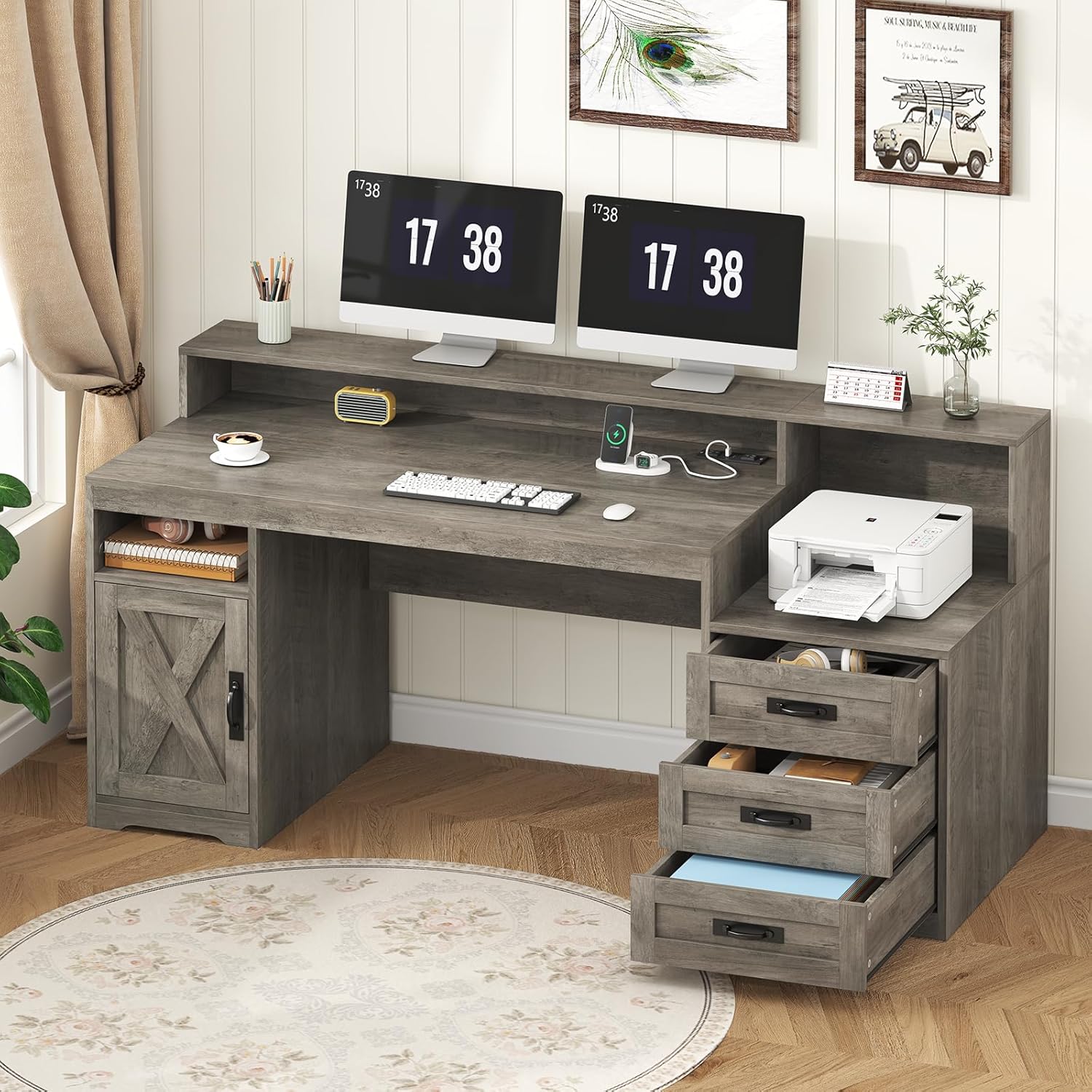 65-inch farmhouse computer desk in brown and white with built-in power outlets, storage drawers, and printer stand — view 7b