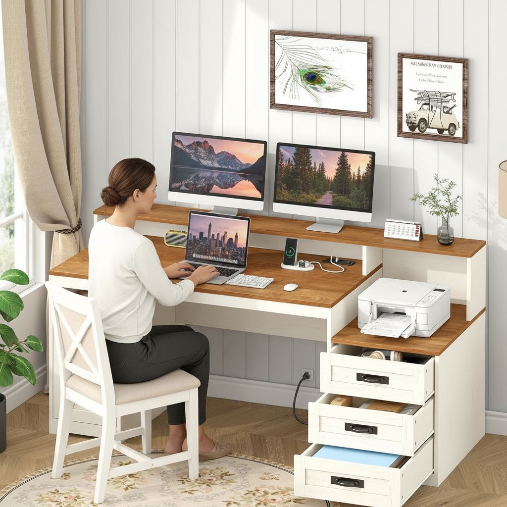 65-inch farmhouse computer desk in brown and white with built-in power outlets, storage drawers, and printer stand — view 2