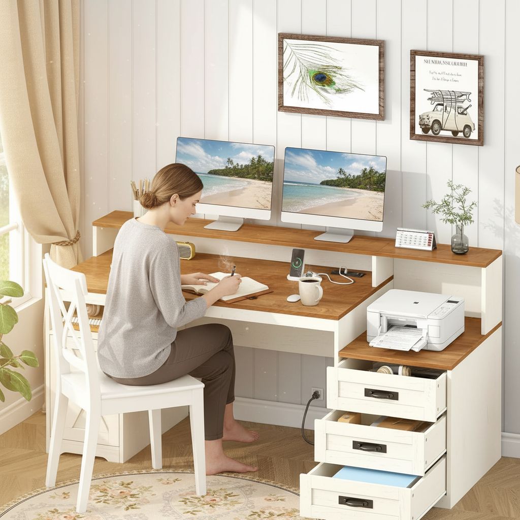 65-inch farmhouse computer desk in brown and white with built-in power outlets, storage drawers, and printer stand — view 3a