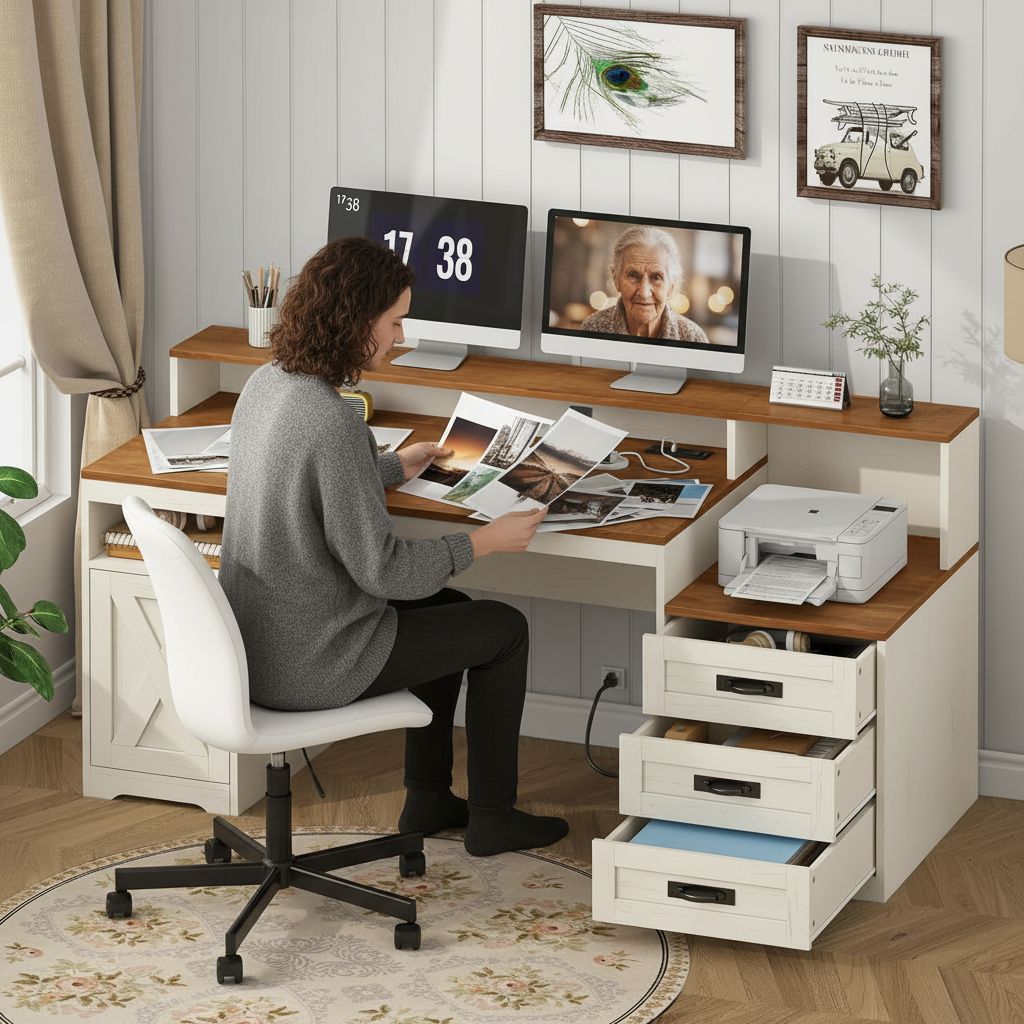 65-inch farmhouse computer desk in brown and white with built-in power outlets, storage drawers, and printer stand — view 3b