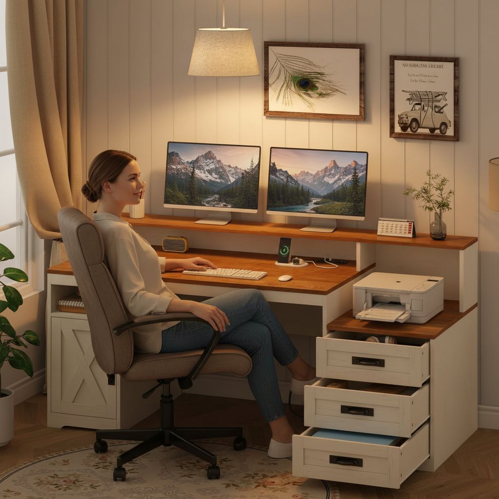 65-inch farmhouse computer desk in brown and white with built-in power outlets, storage drawers, and printer stand — view 4