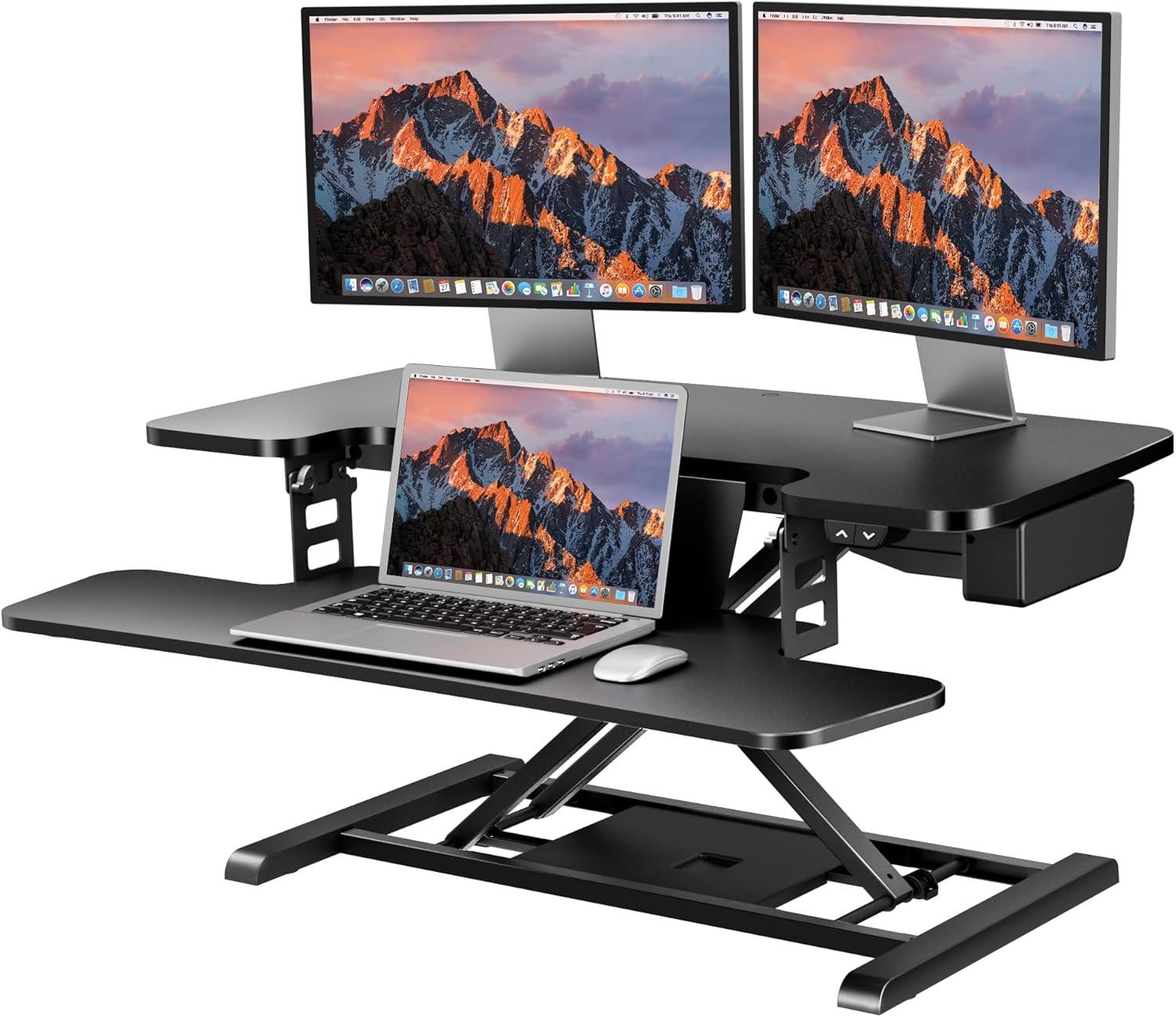 35-inch electric standing desk converter in black with height-adjustable riser and keyboard tray โ view 1