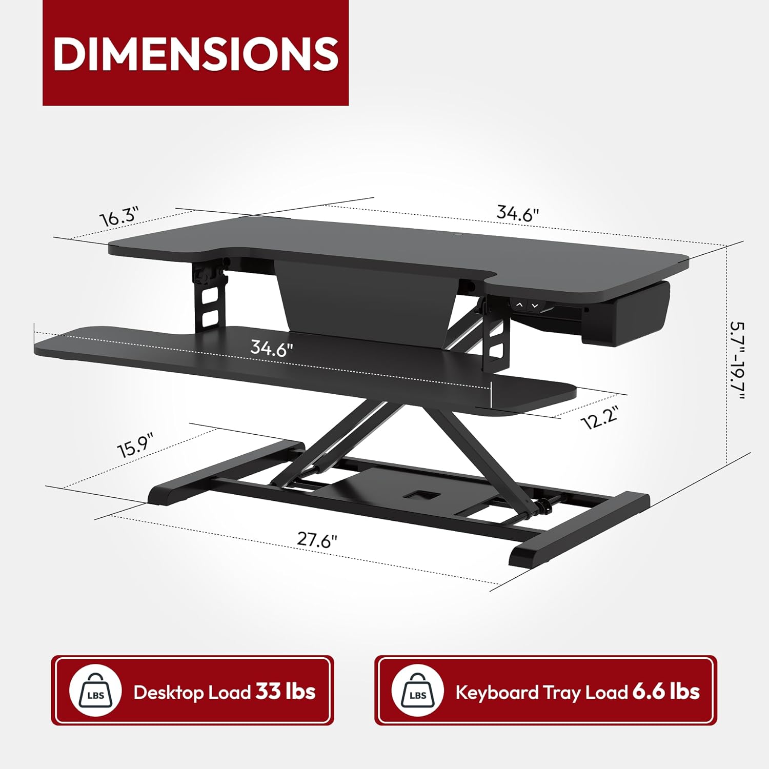 35-inch electric standing desk converter in black with height-adjustable riser and keyboard tray โ view 2