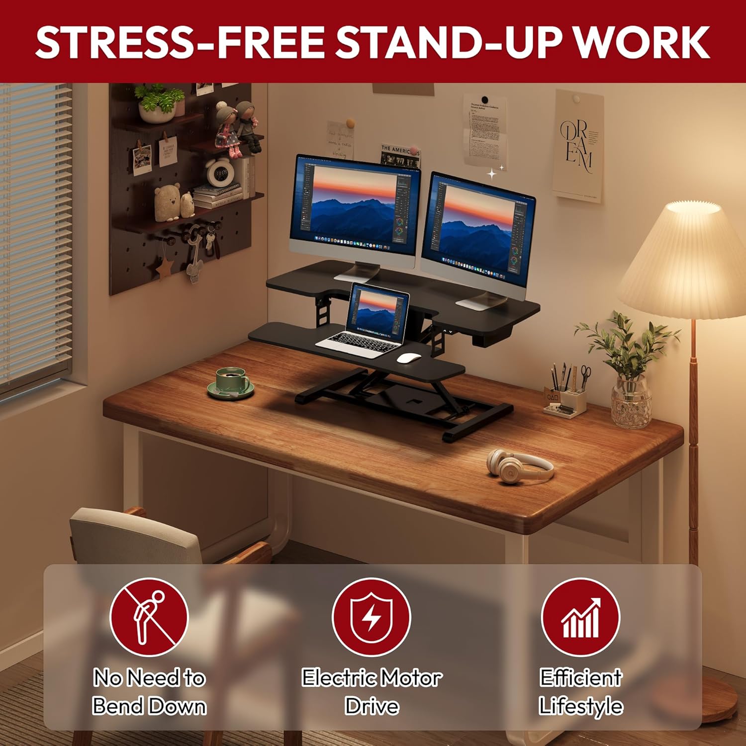 35-inch electric standing desk converter in black with height-adjustable riser and keyboard tray โ view 3