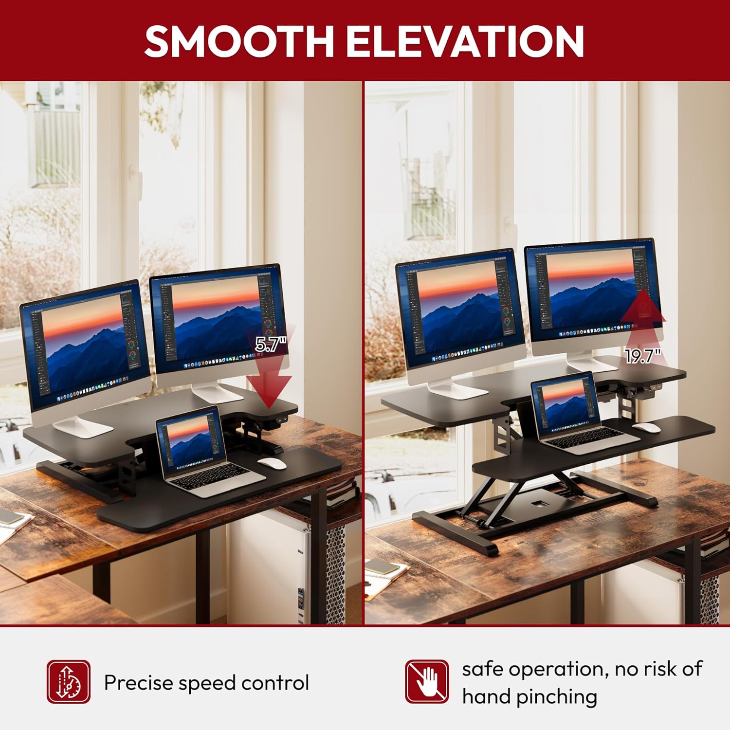 35-inch electric standing desk converter in black with height-adjustable riser and keyboard tray โ view 4