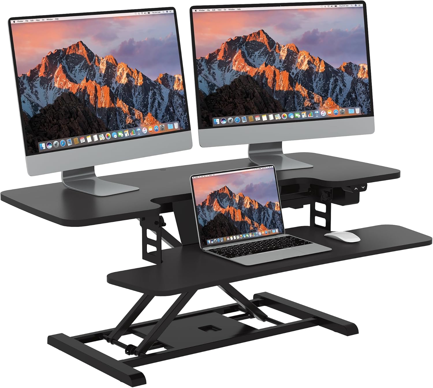 35-inch electric standing desk converter in black with height-adjustable riser and keyboard tray — view 3a