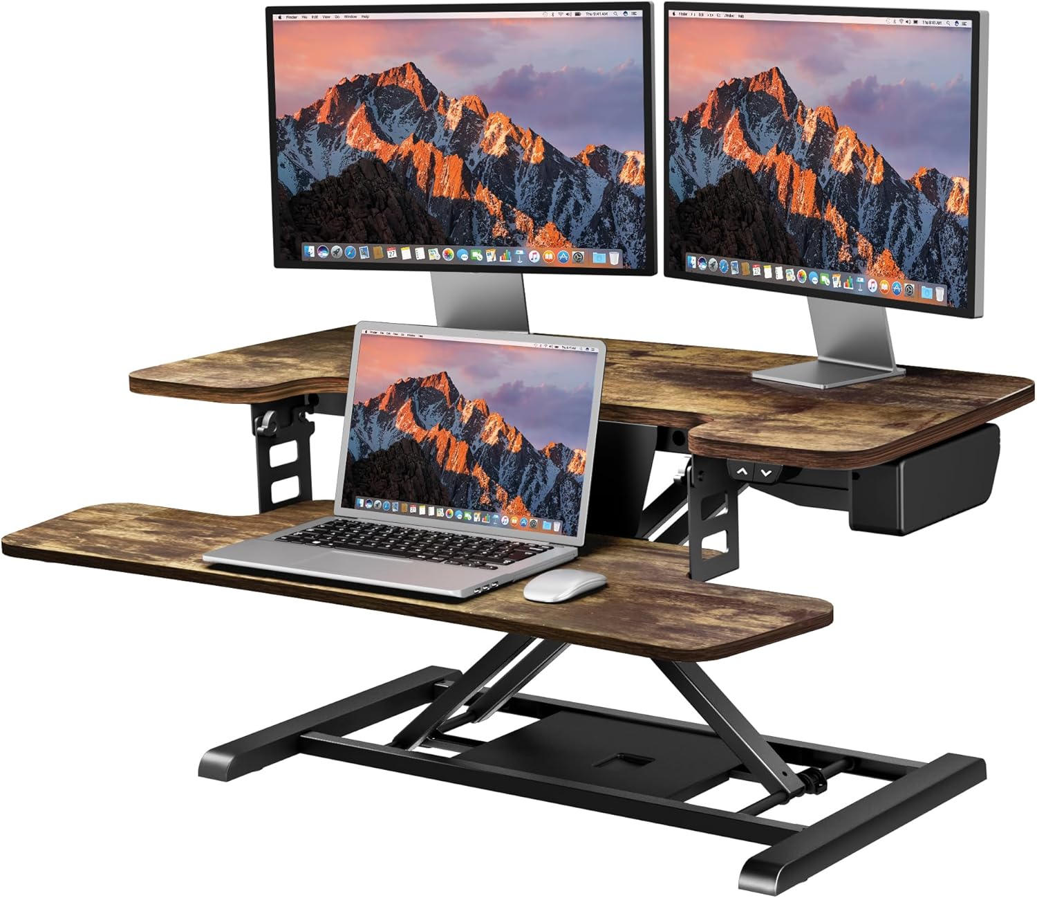 35-inch electric standing desk converter in black with height-adjustable riser and keyboard tray — view 3b