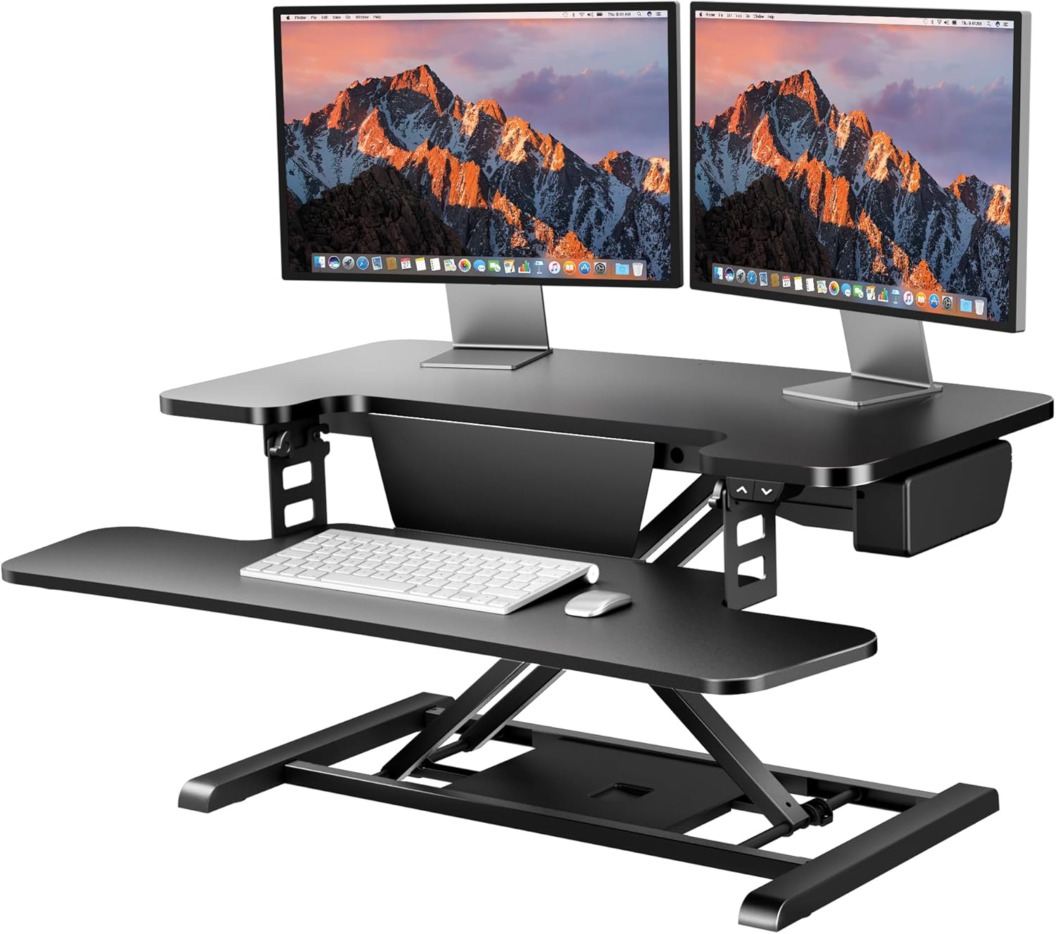 35-inch electric standing desk converter in black with height-adjustable riser and keyboard tray — view 4