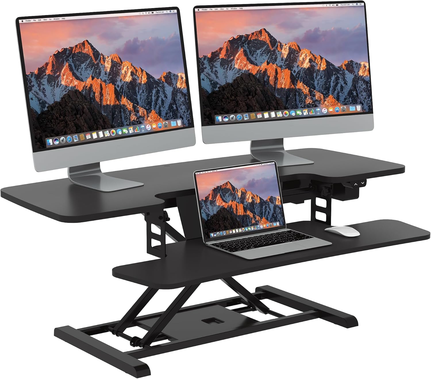 35-inch electric standing desk converter in black with height-adjustable riser and keyboard tray — view 5a