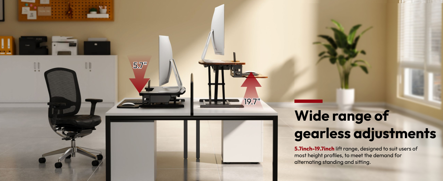 35-inch electric standing desk converter in black with height-adjustable riser and keyboard tray — view 7a