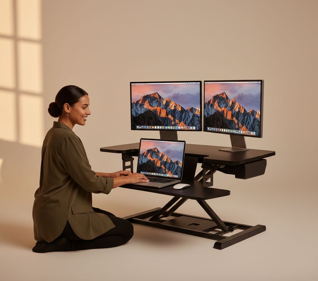 35-inch electric standing desk converter in black with height-adjustable riser and keyboard tray — view 1