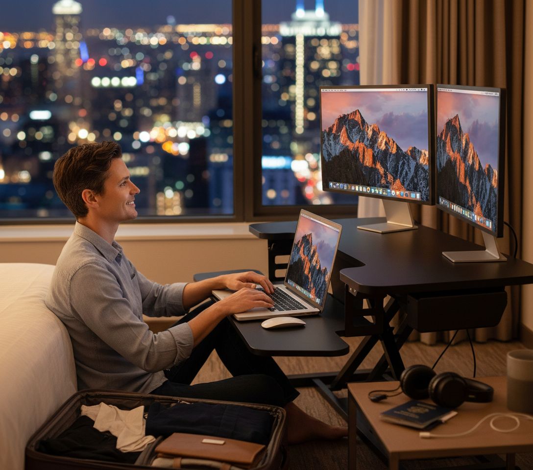 35-inch electric standing desk converter in black with height-adjustable riser and keyboard tray — view 2