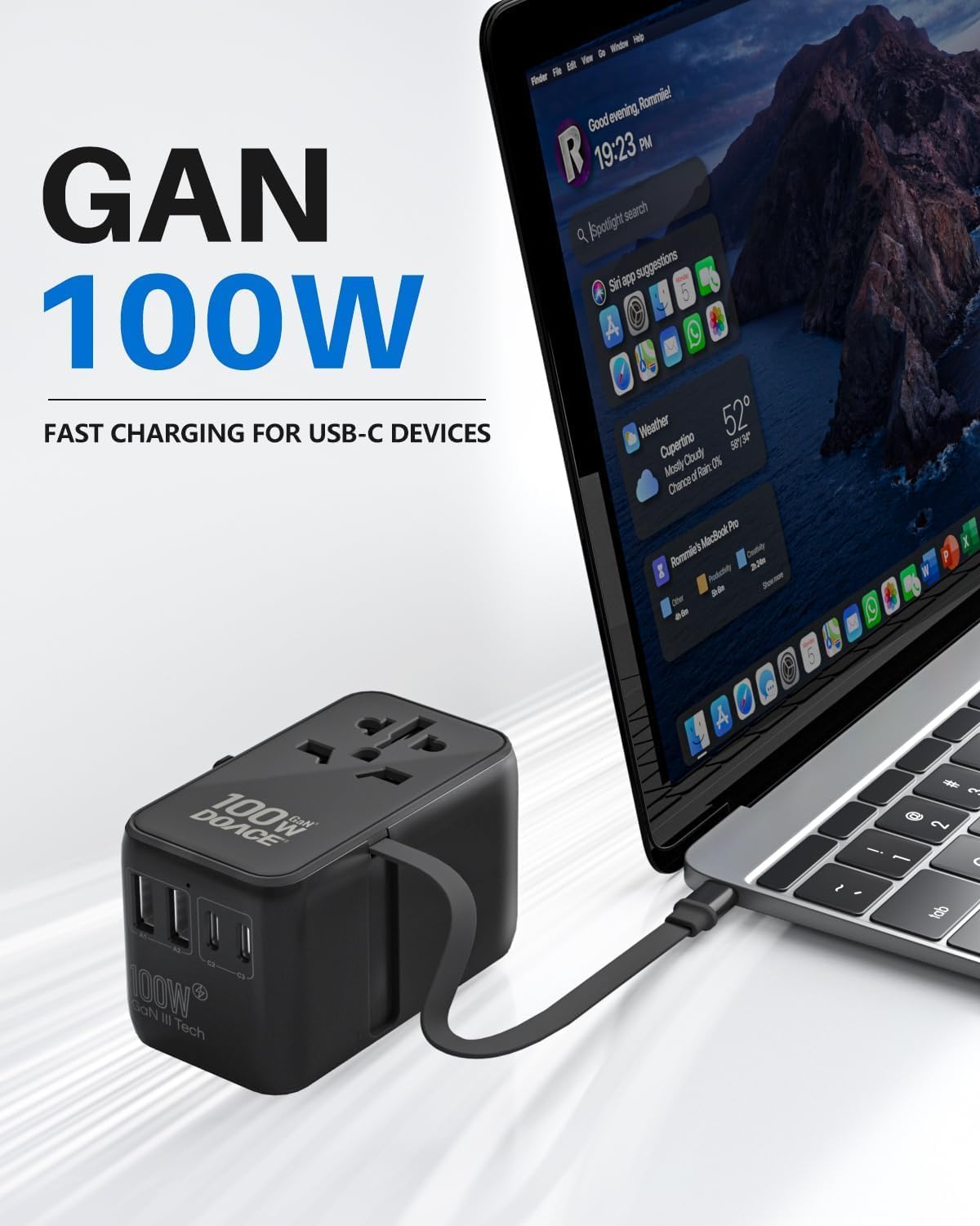 Black compact 100W GaN universal travel adapter with multiple outlet plugs and built-in USB-C cable — view 2