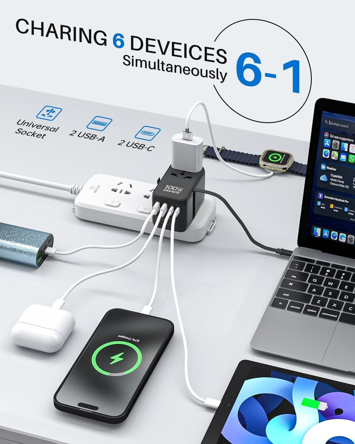 Black compact 100W GaN universal travel adapter with multiple outlet plugs and built-in USB-C cable — view 3