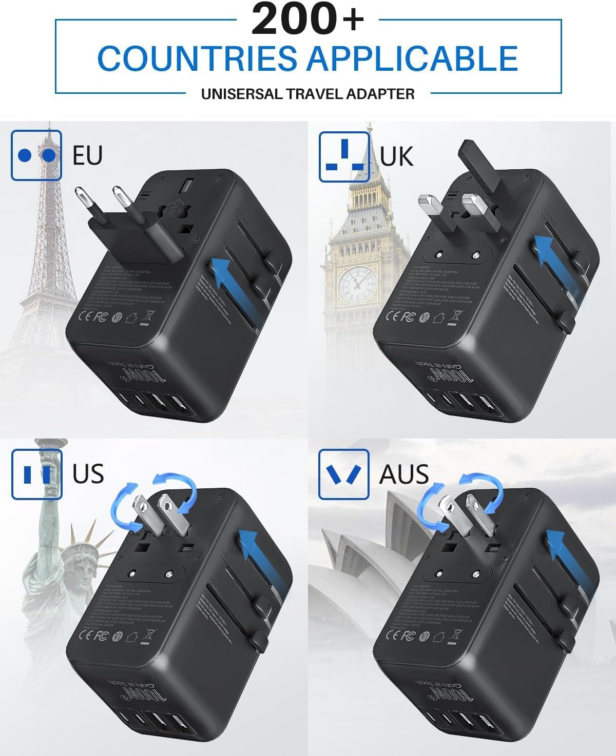 Black compact 100W GaN universal travel adapter with multiple outlet plugs and built-in USB-C cable — view 4