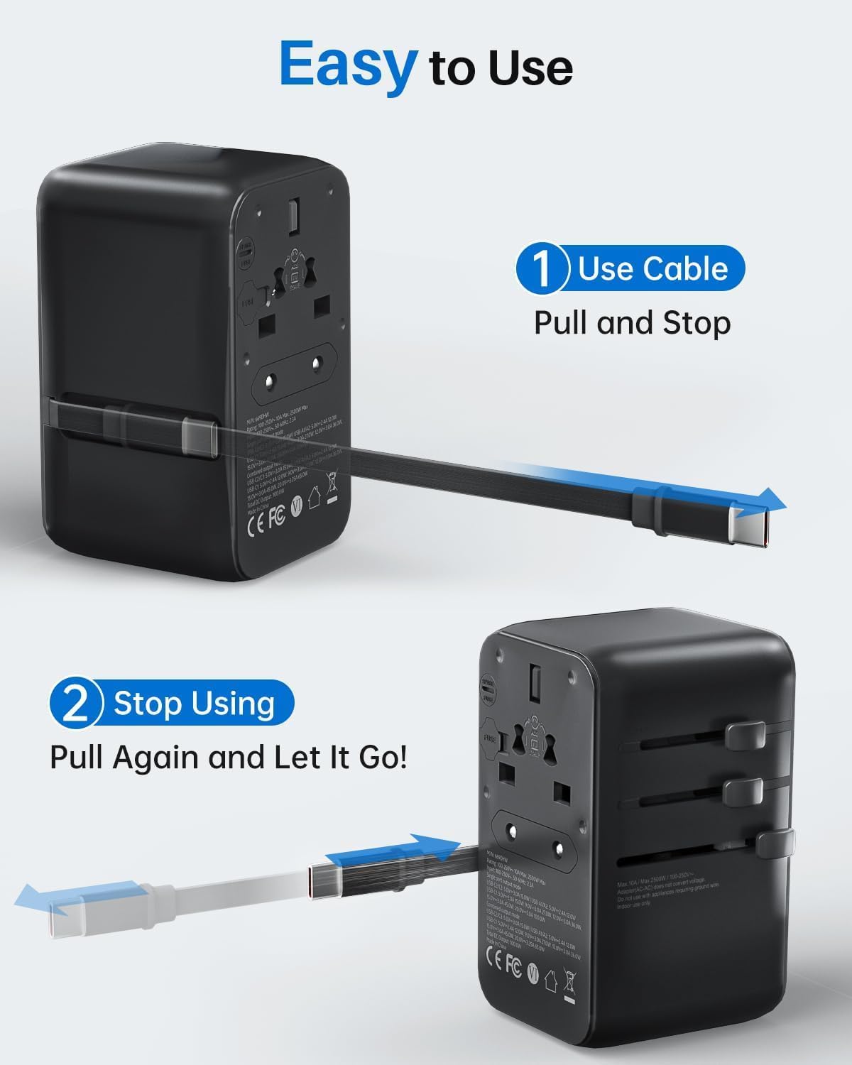 Black compact 100W GaN universal travel adapter with multiple outlet plugs and built-in USB-C cable — view 2