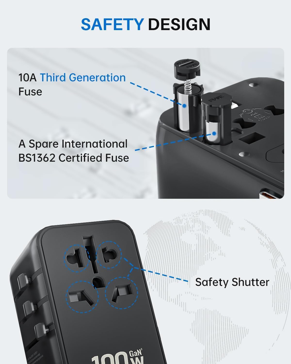 Black compact 100W GaN universal travel adapter with multiple outlet plugs and built-in USB-C cable — view 3