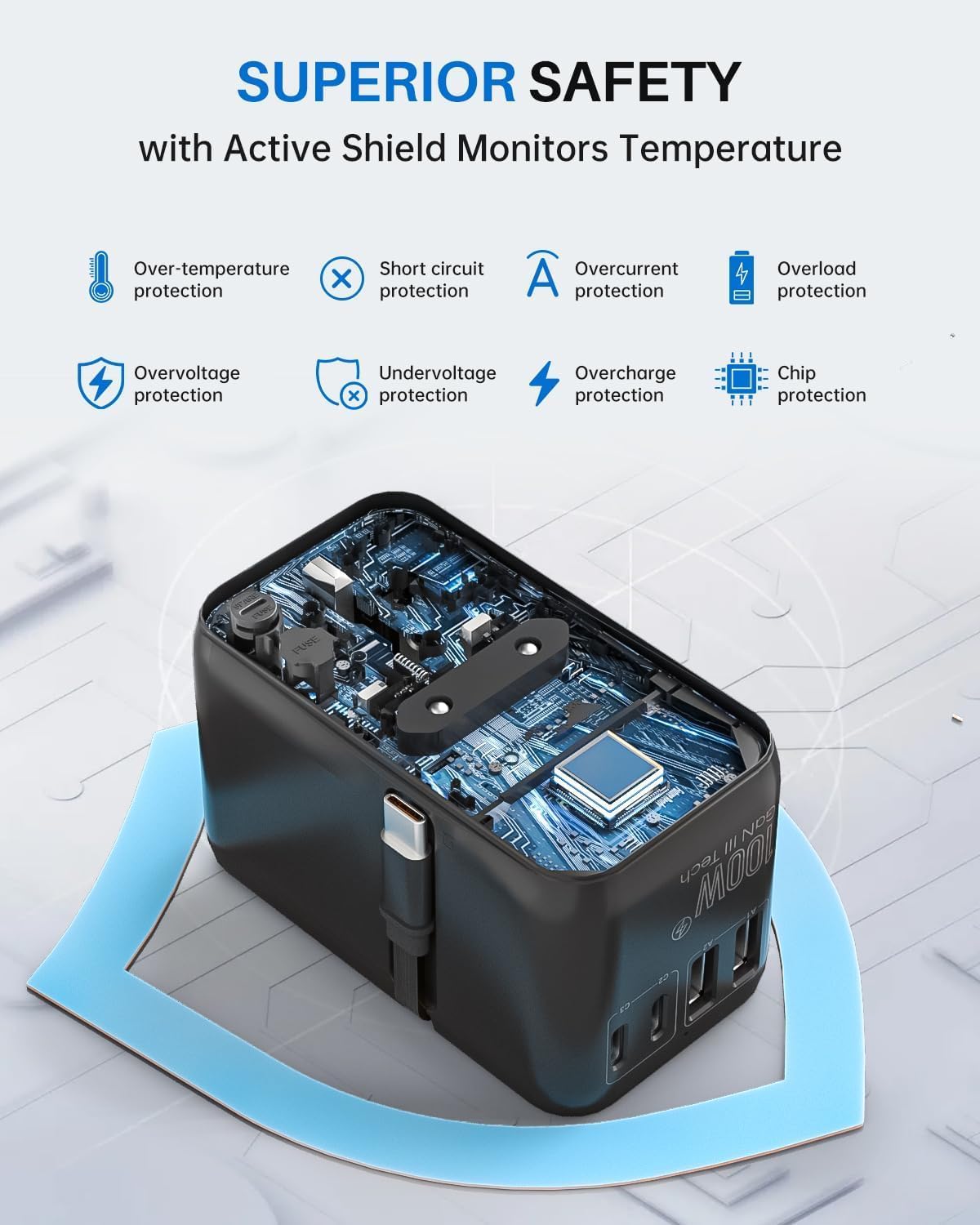 Black compact 100W GaN universal travel adapter with multiple outlet plugs and built-in USB-C cable — view 4