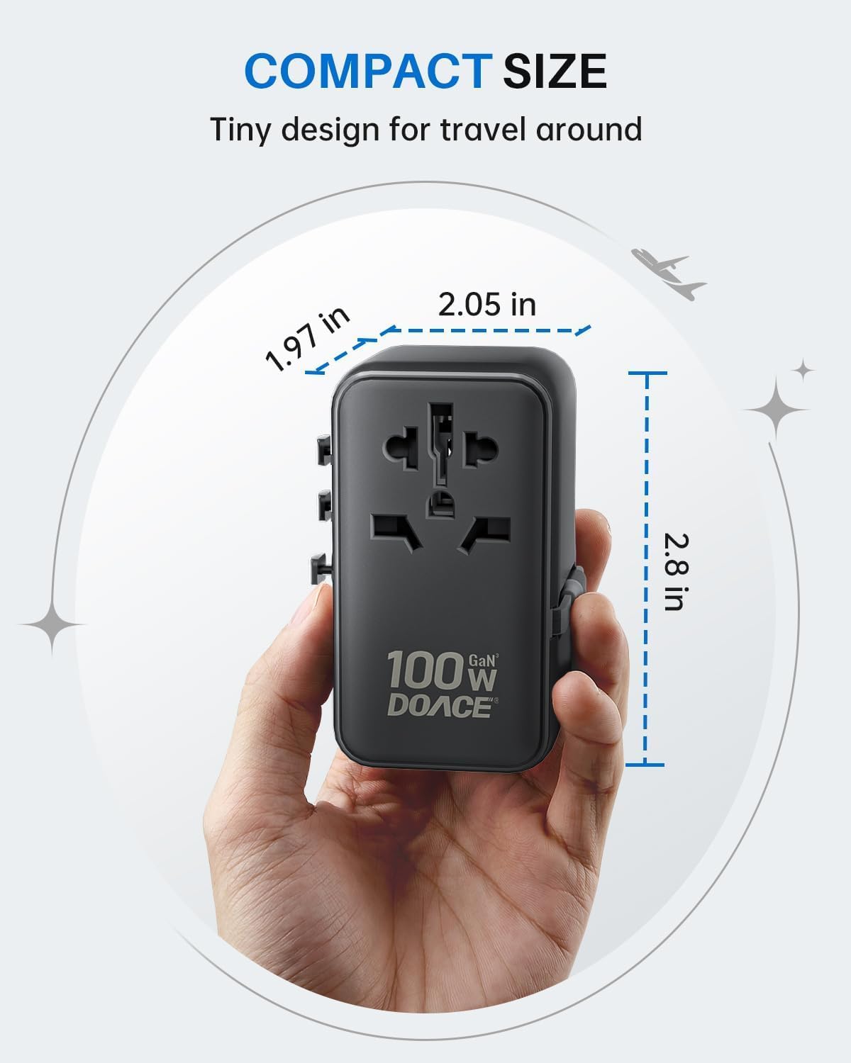 Black compact 100W GaN universal travel adapter with multiple outlet plugs and built-in USB-C cable — view 5