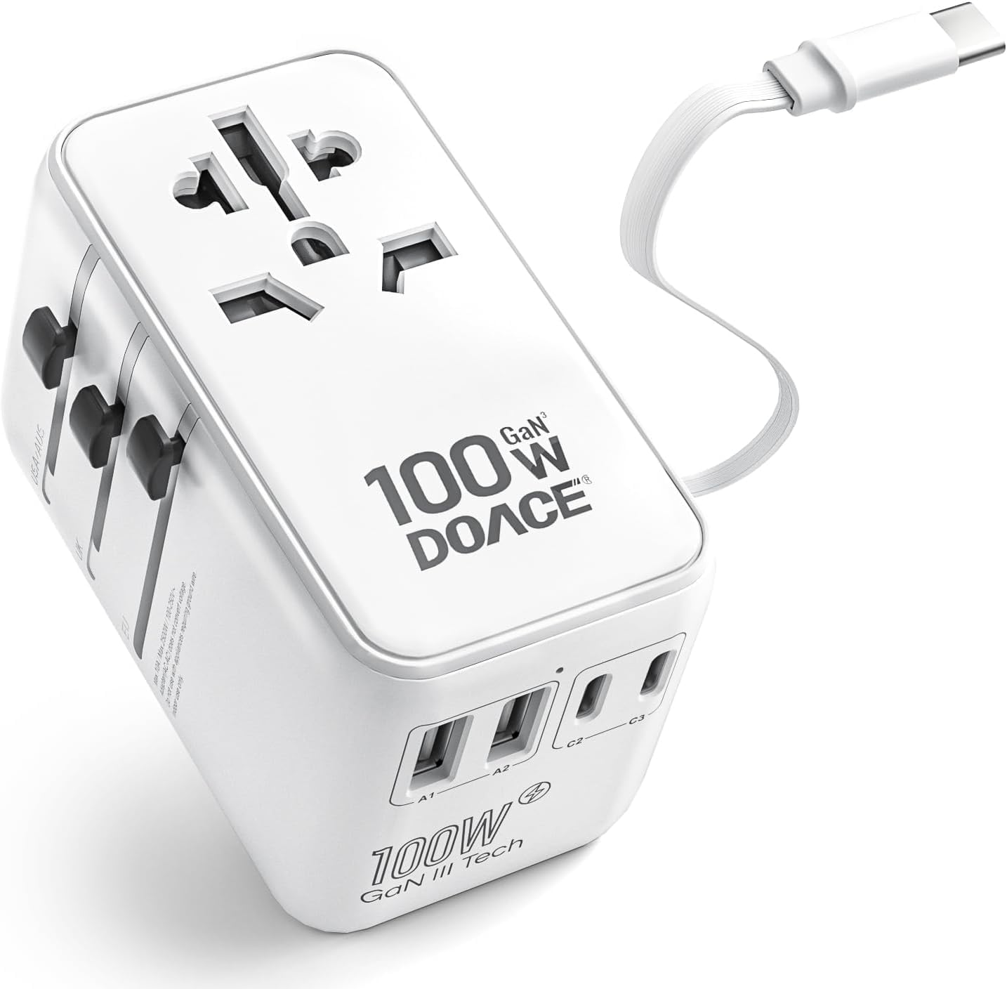 Black compact 100W GaN universal travel adapter with multiple outlet plugs and built-in USB-C cable — view 3a