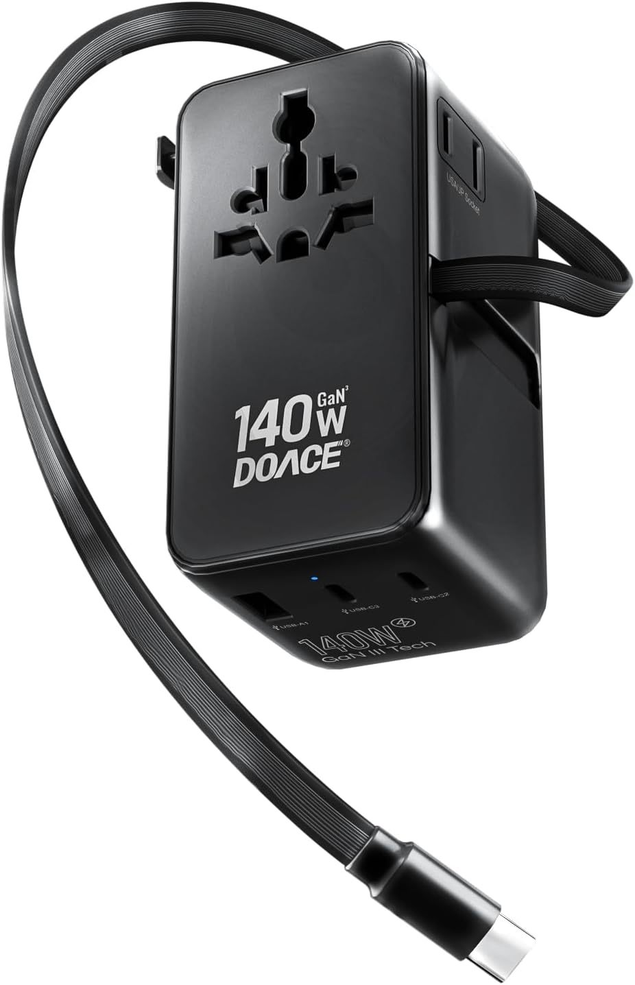 Black compact 100W GaN universal travel adapter with multiple outlet plugs and built-in USB-C cable — view 3b