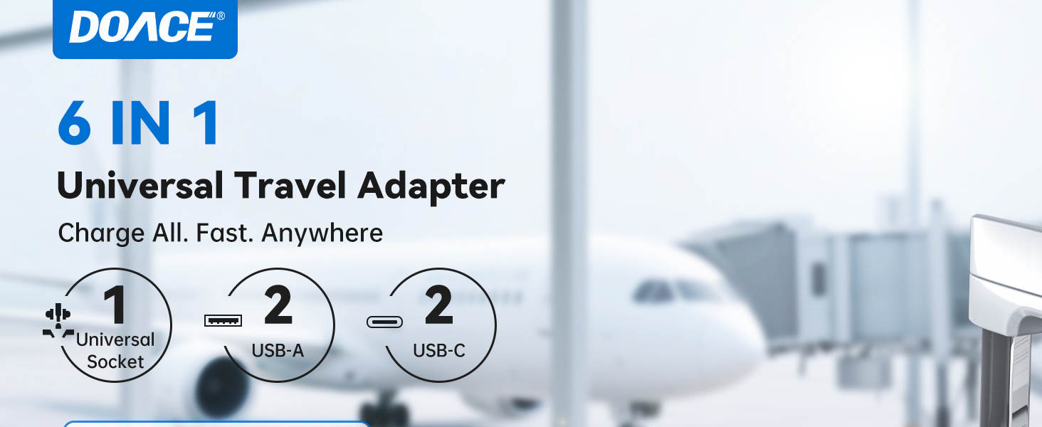 Black compact 100W GaN universal travel adapter with multiple outlet plugs and built-in USB-C cable — view 5a