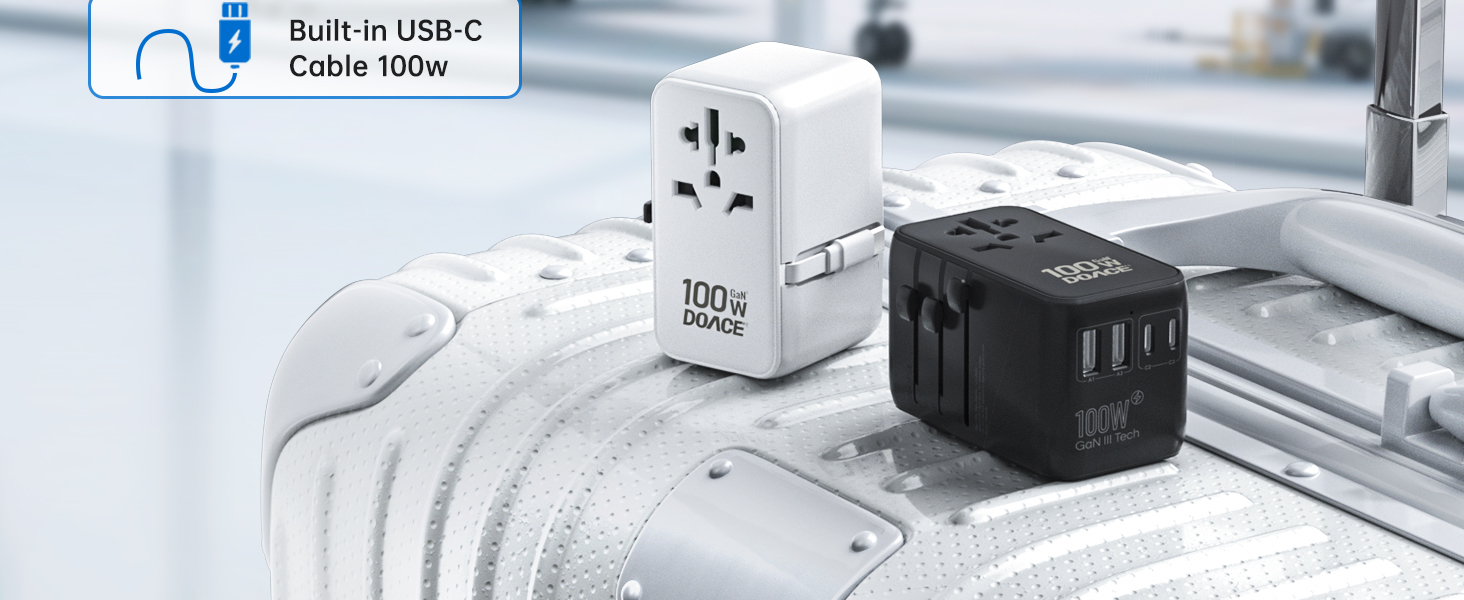 Black compact 100W GaN universal travel adapter with multiple outlet plugs and built-in USB-C cable — view 5b