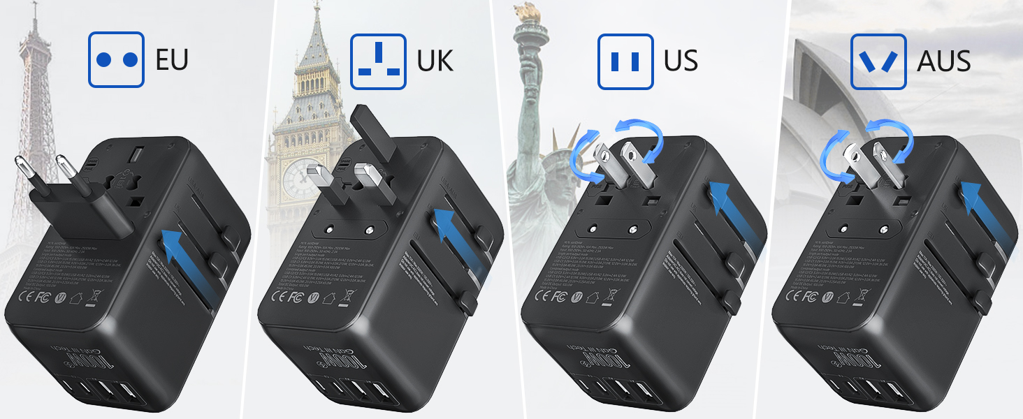 Black compact 100W GaN universal travel adapter with multiple outlet plugs and built-in USB-C cable — view 6