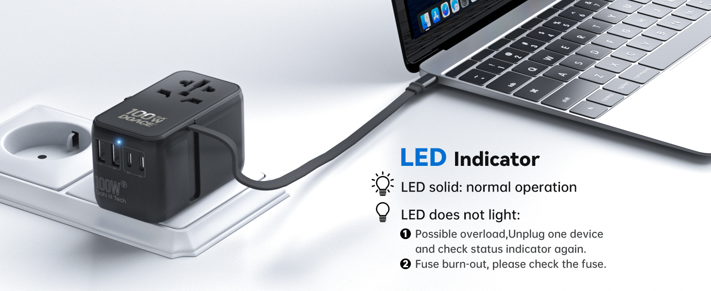 Black compact 100W GaN universal travel adapter with multiple outlet plugs and built-in USB-C cable — view 7b