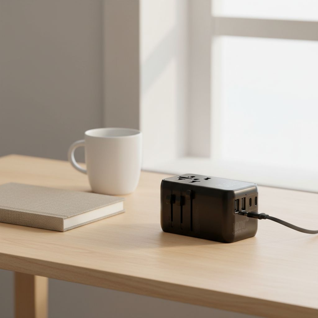 Black compact 100W GaN universal travel adapter with multiple outlet plugs and built-in USB-C cable — view 2