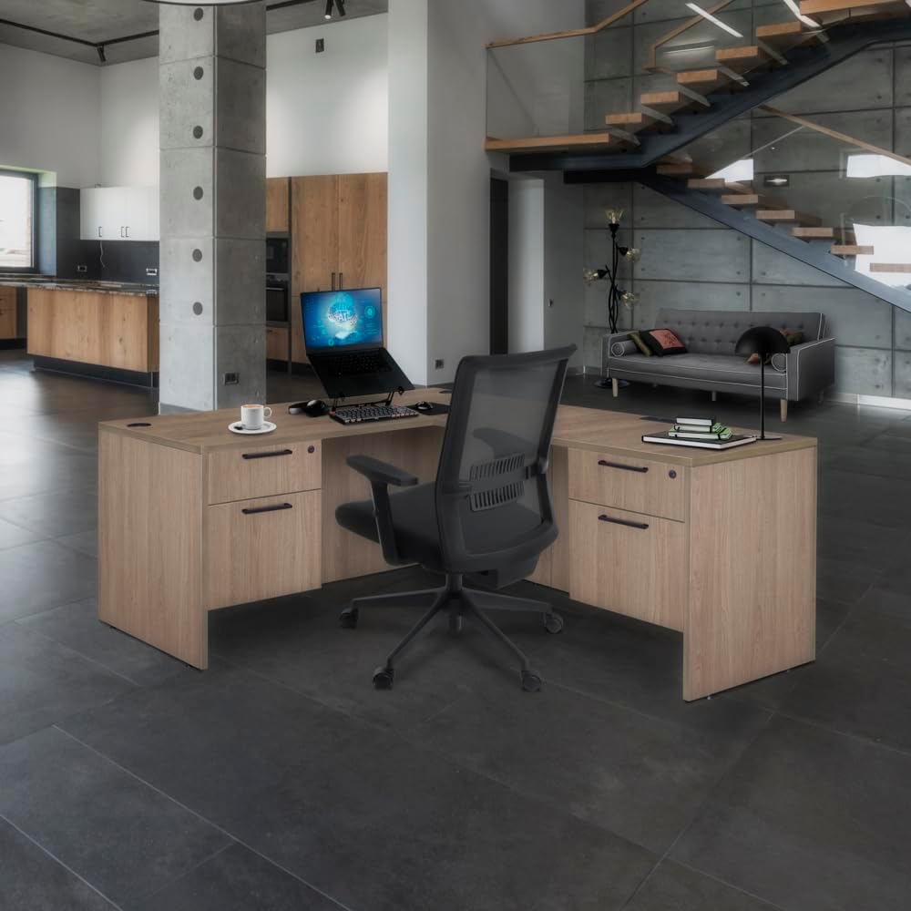 Large L-shaped desk with double pedestal drawer unit in noble oak finish, front view — view 2