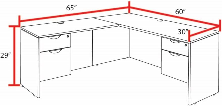 Large L-shaped desk with double pedestal drawer unit in noble oak finish, front view — view 3