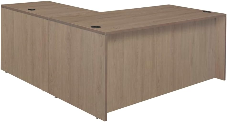 Large L-shaped desk with double pedestal drawer unit in noble oak finish, front view — view 4