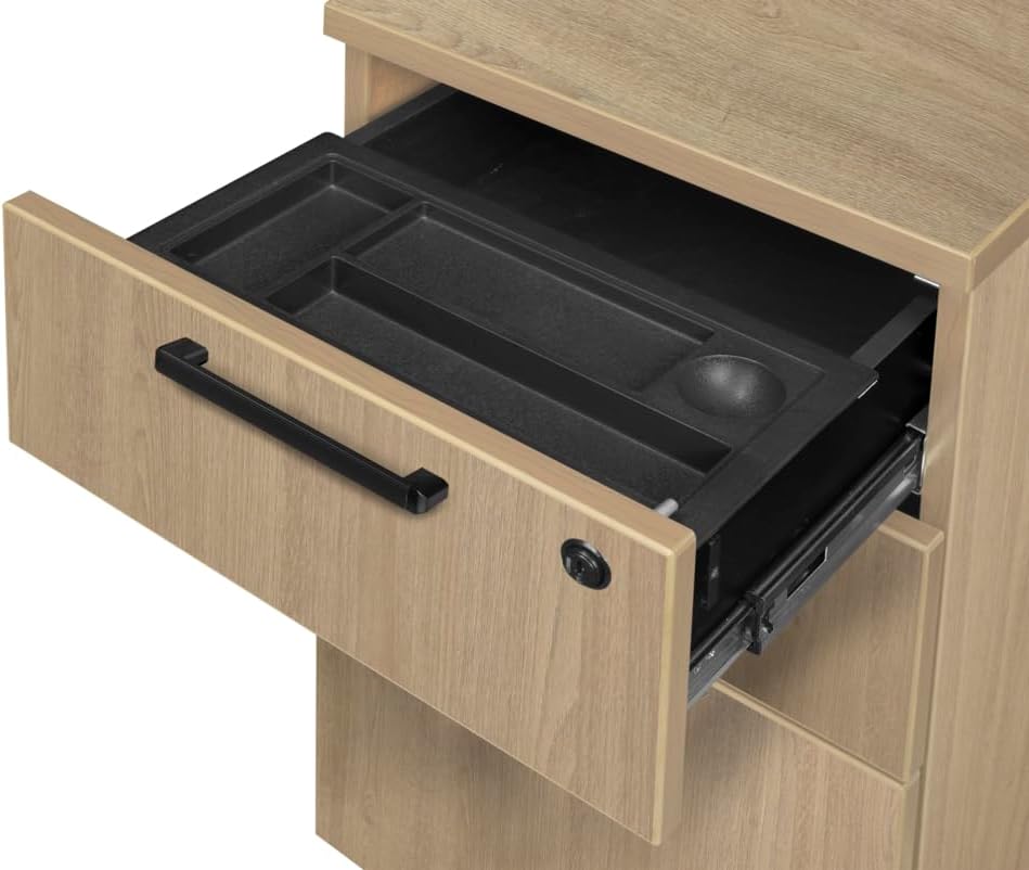 Large L-shaped desk with double pedestal drawer unit in noble oak finish, front view — view 3
