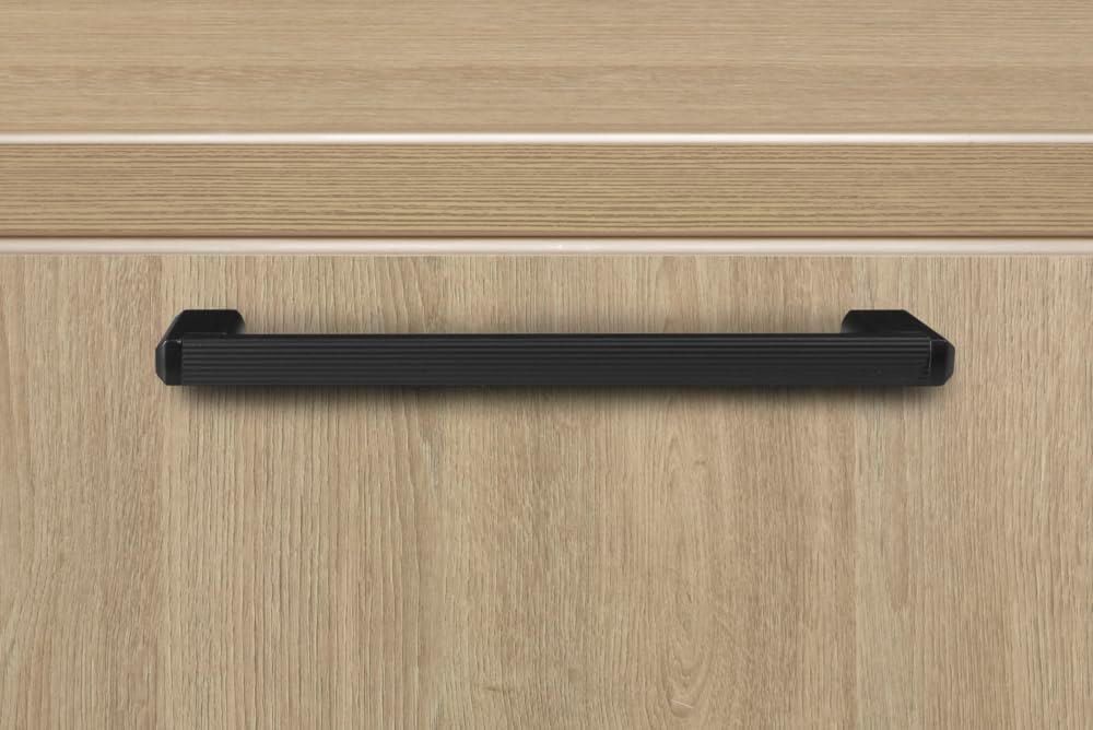 Large L-shaped desk with double pedestal drawer unit in noble oak finish, front view — view 4